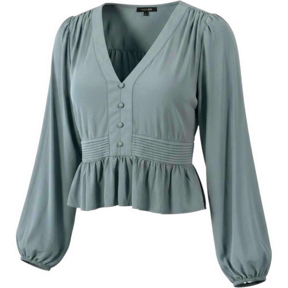 Papermoon Crop Blouse Top Womens Large Blue V Neck Pleated Peplum Tie Back